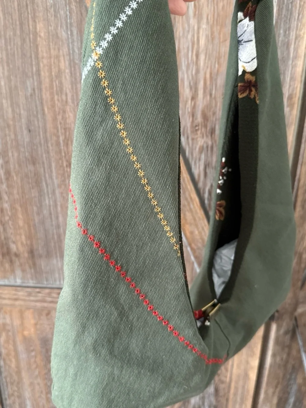 Olive Green Embroidered Shoulder Hobo Bag with Tan Leather Handle